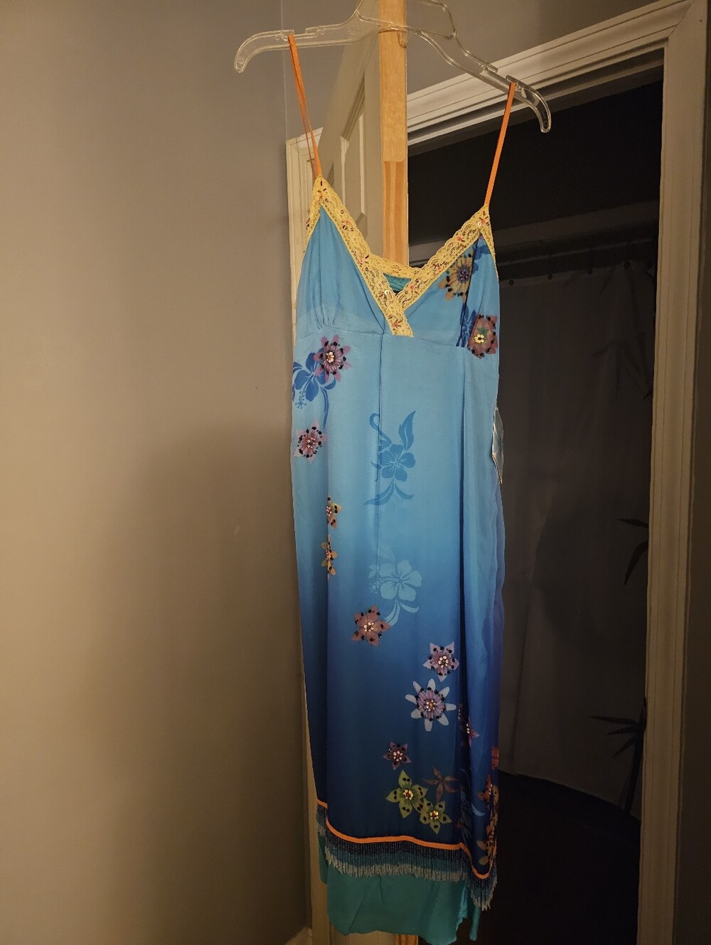 Jane Doe Blue Floral Slip Dress with Yellow Lace Trim And Fringe Beading